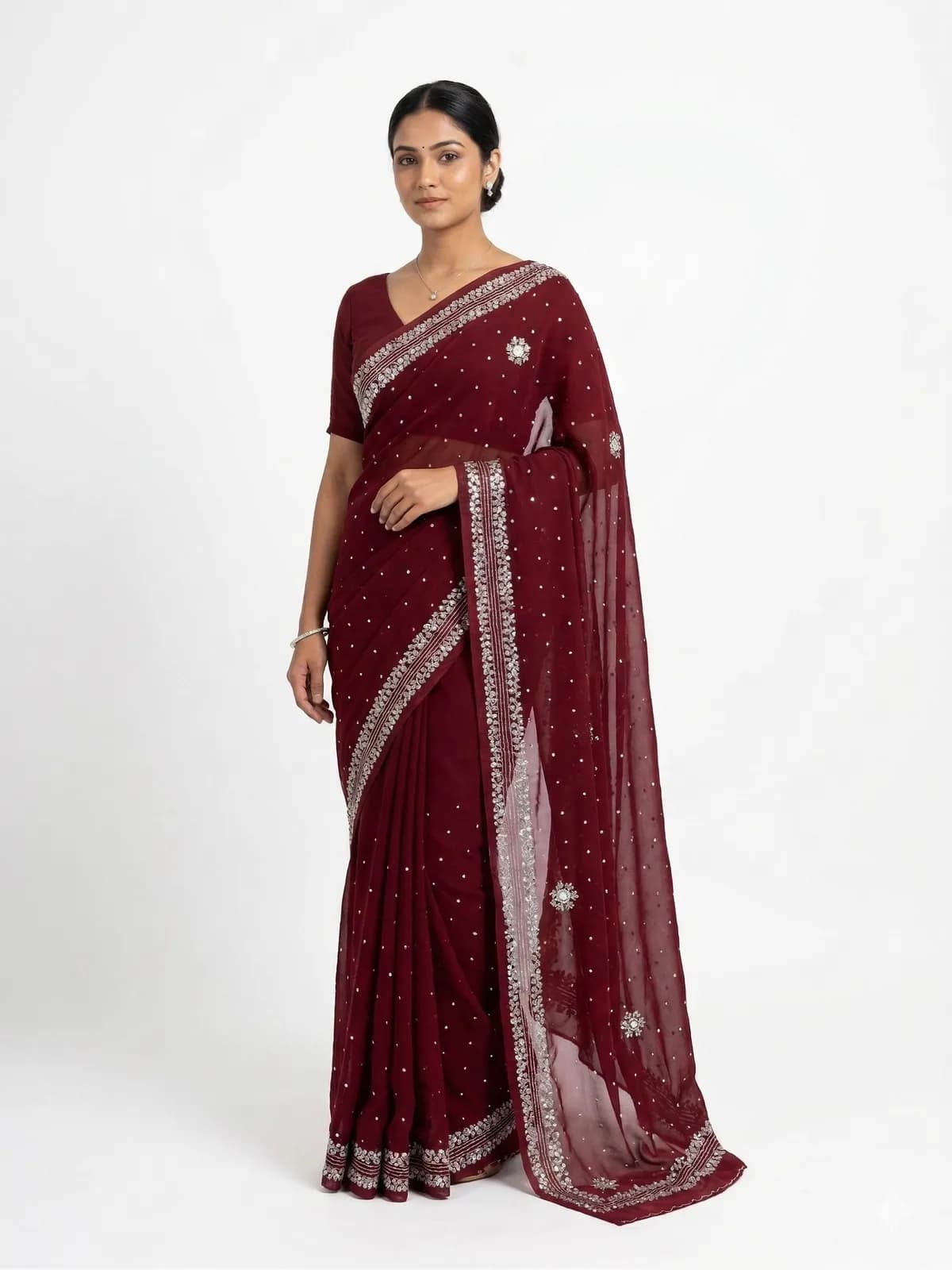 Wine Red Velvet Saree
